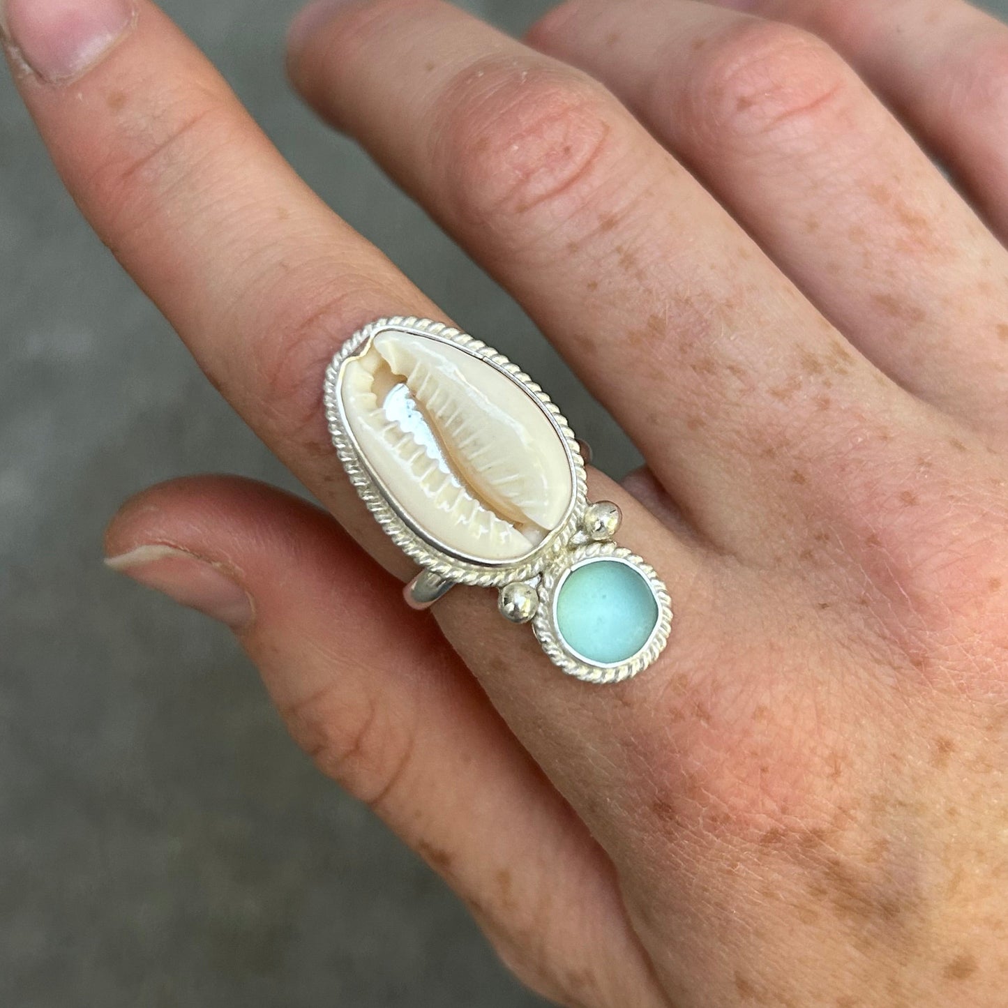 Cowrie Sea Glass Ring Any Size