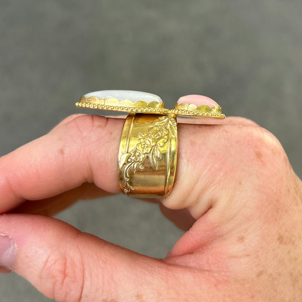 Pink Coral x Moonstone Spoon Ring in Gold