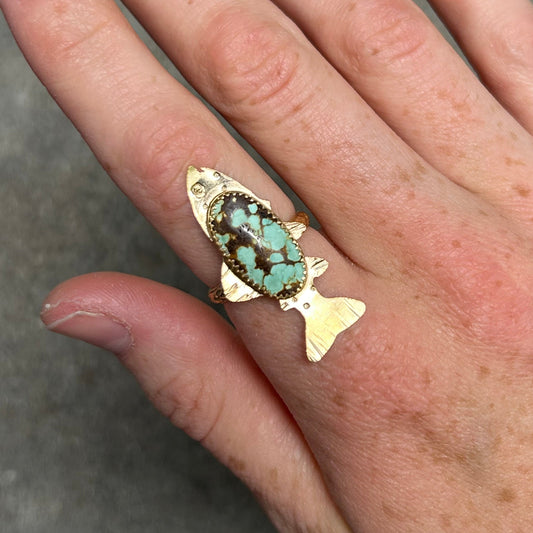 Turquoise Fish Ring in Gold Size 7